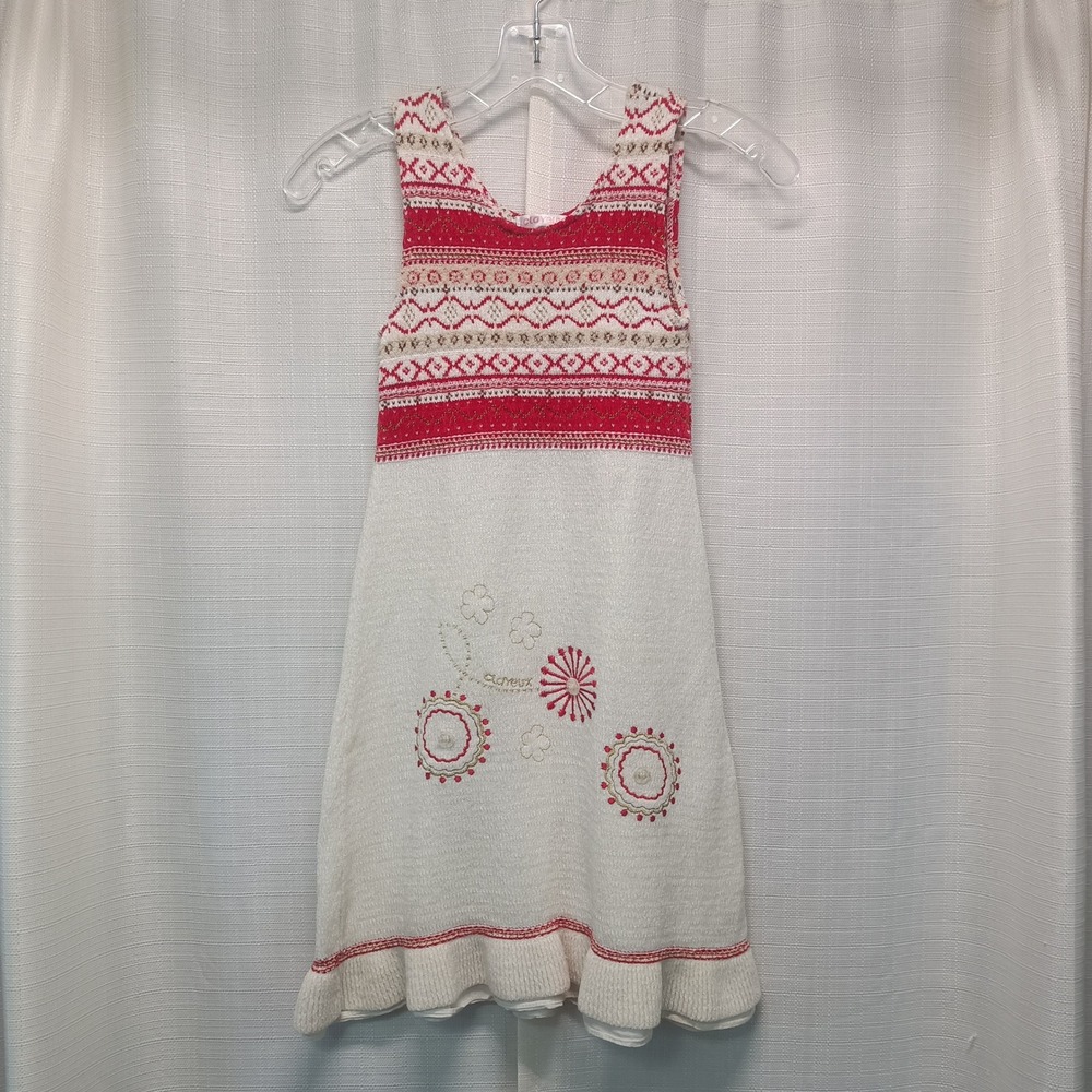 Clayeux Girls Knit Dress 8 126cm France Fair Isle Wool Blend Cream Red Vintage